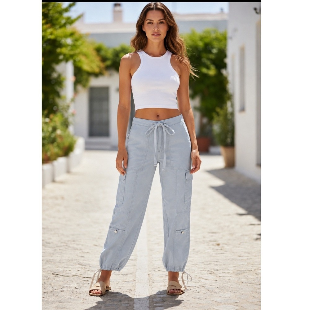 Habitual‎ Womens M Light Blue Cargo Jogger Pants Drawstring Utility Baggy Cotton
